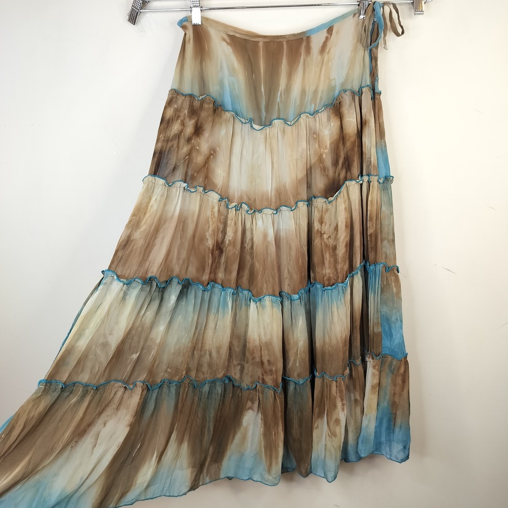 Forever 21 Tiered Maxi Skirt Medium Tie Dye Ombre Brown Blue Boho Whimsical